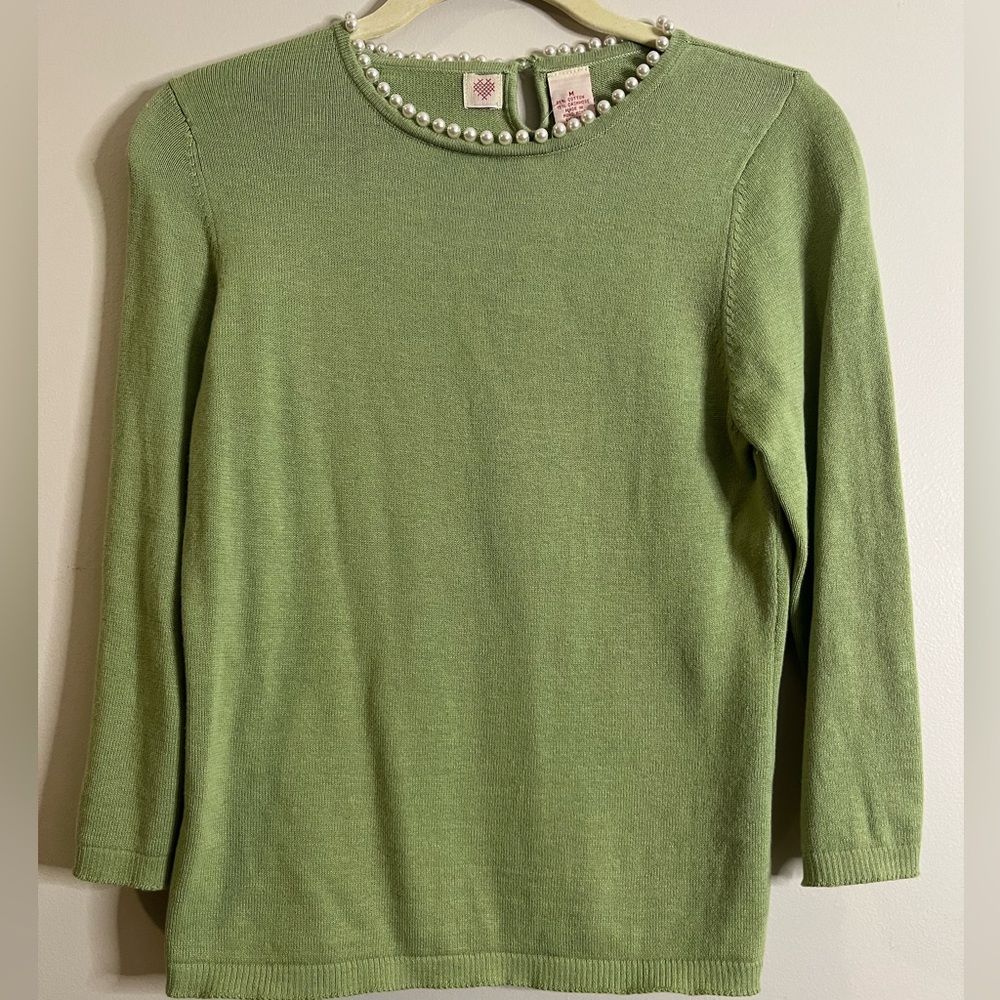 NWT RARE! Anthropologie Cross Stitch Heart Brand Green Crew Neck Pearl Cashmere